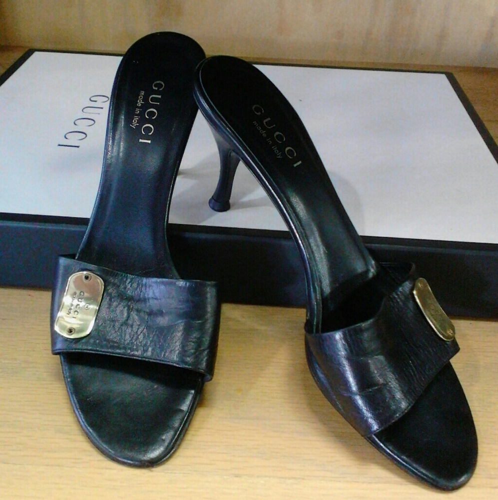Gucci Black Leather Heeled Sandals
Bottom of the heels are worn (see last pic)